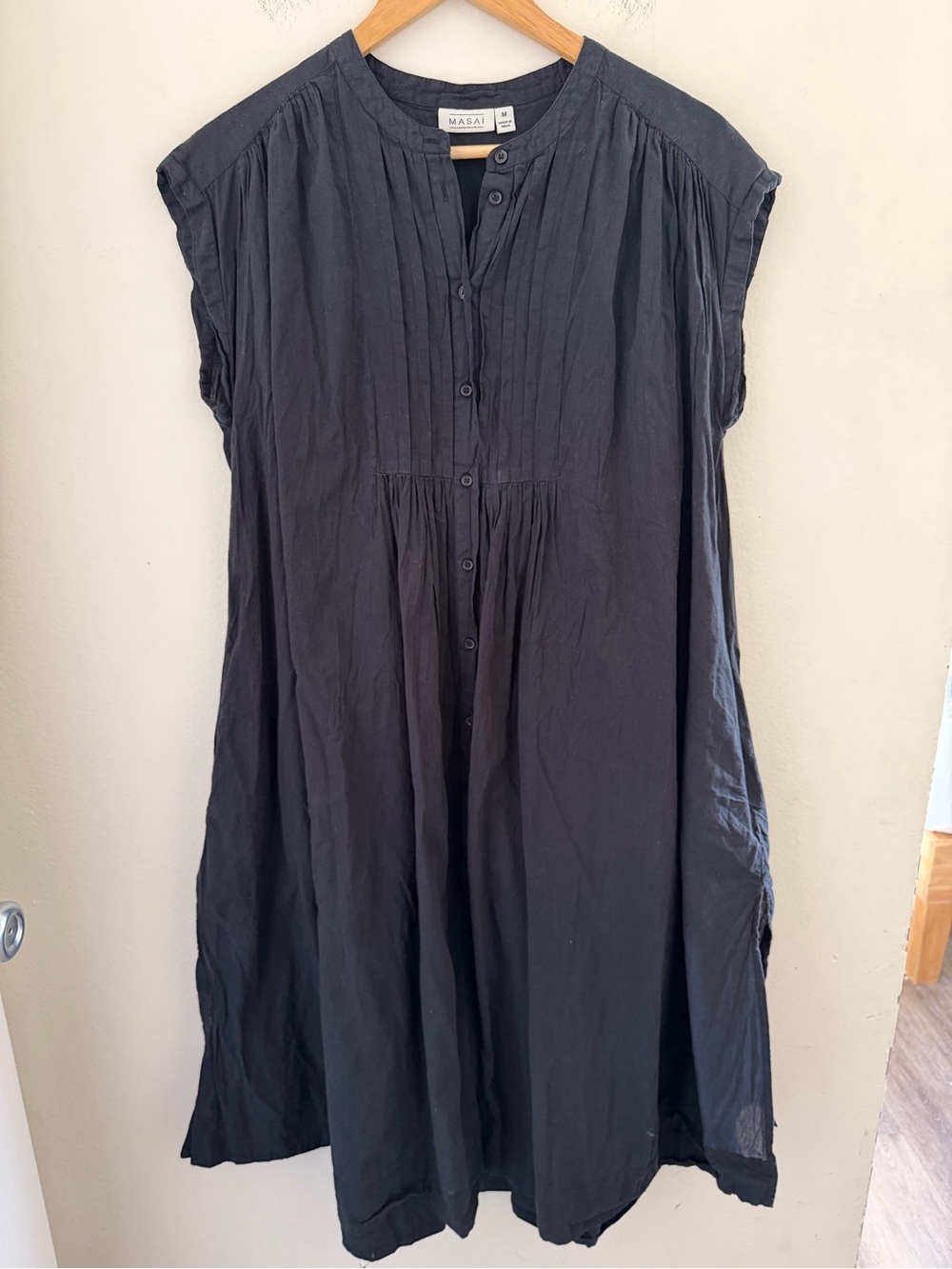 Masai Copenhagen Black Cotton Pintuck Button Front Midi Shirt Dress Sleeveless M